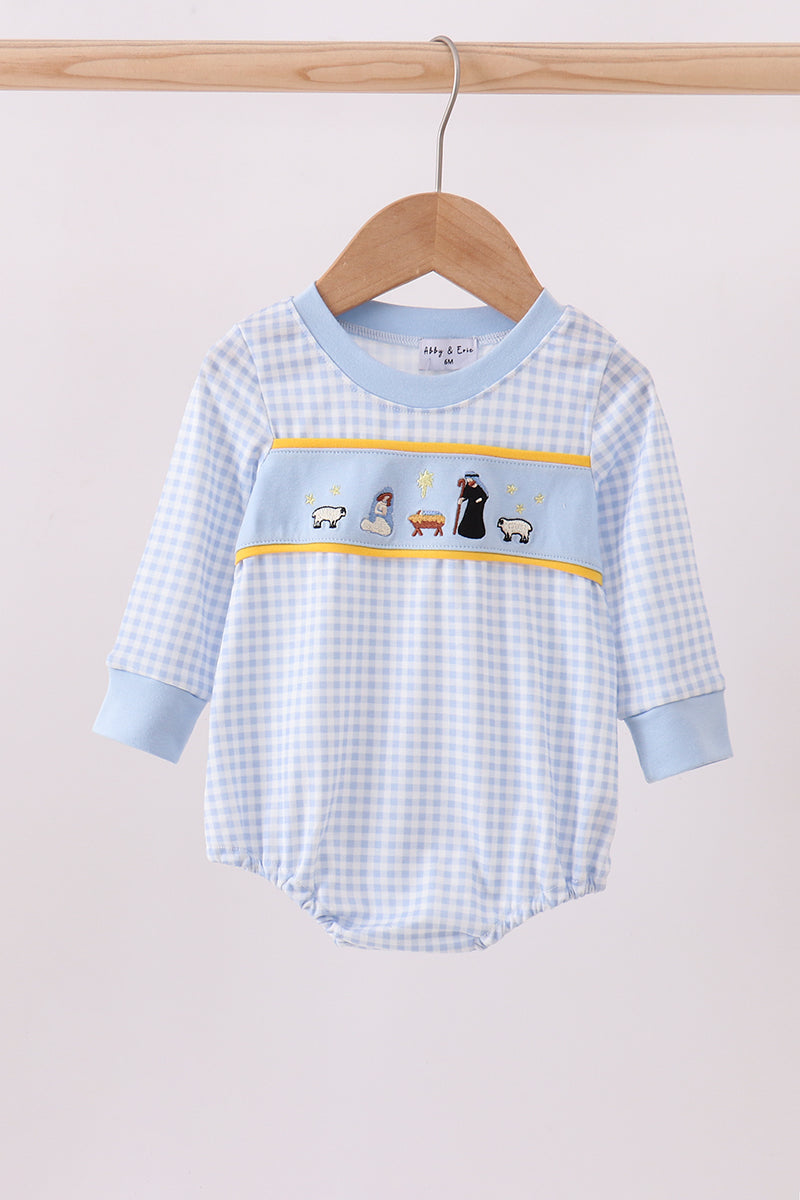 Blue Gingham Embroidered Nativity Bubble