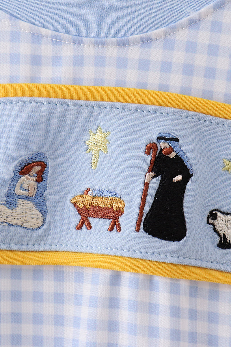 Blue Gingham Embroidered Nativity Bubble