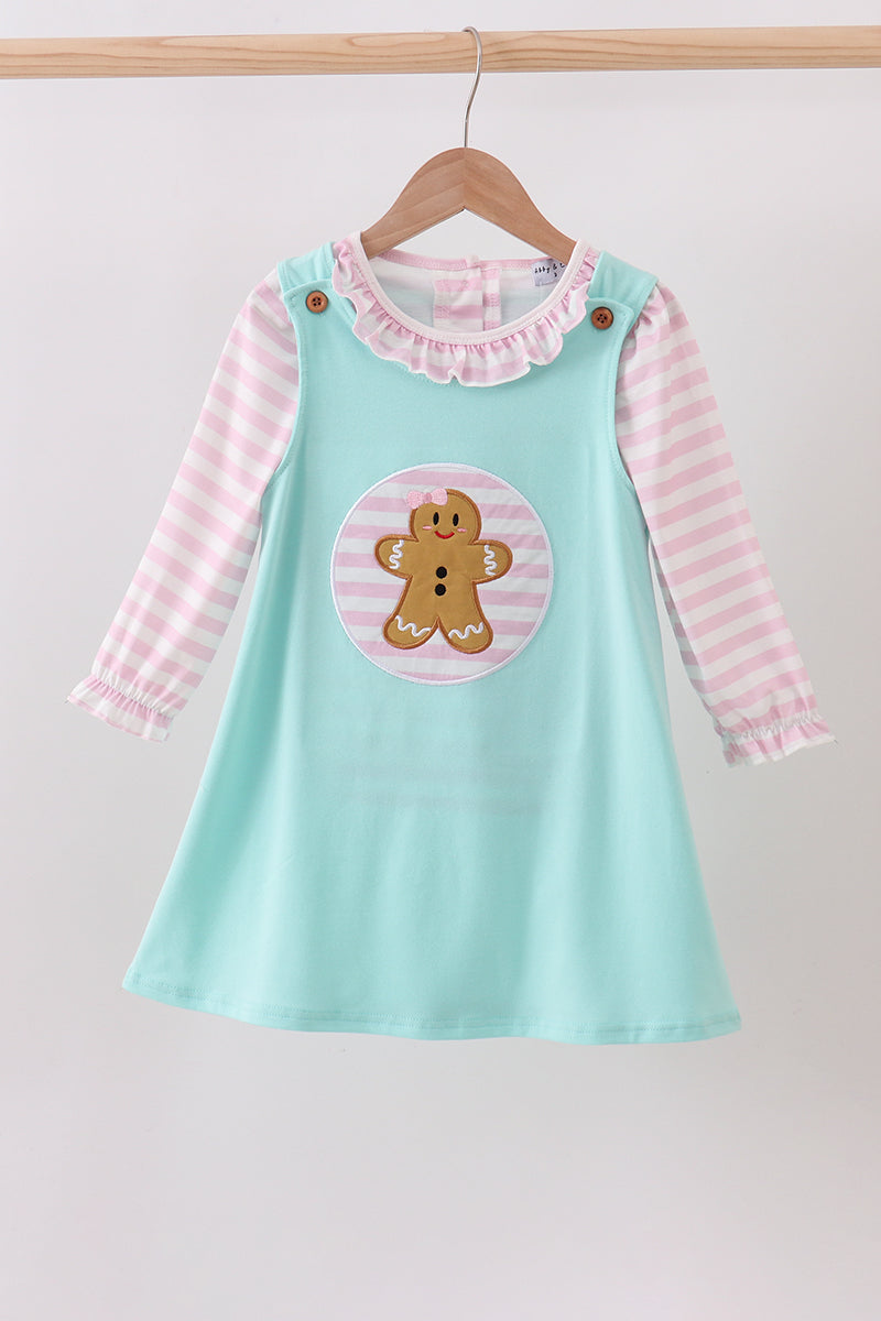 Ruffle Gingerbread Man Applique Blue Dress
