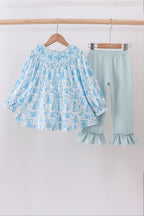 Christmas Tree with Blue Snowmen Ruffled Smocked Pants Set