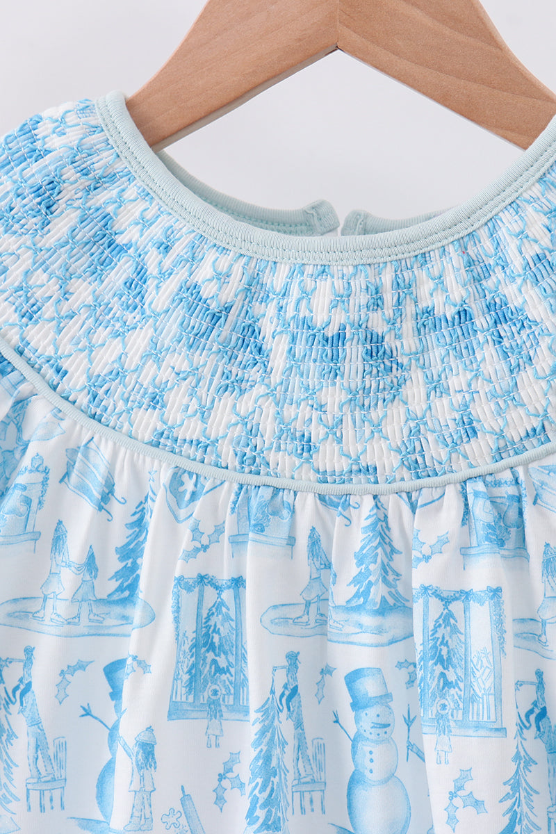 Christmas Tree with Blue Snowmen Ruffled Smocked Pants Set