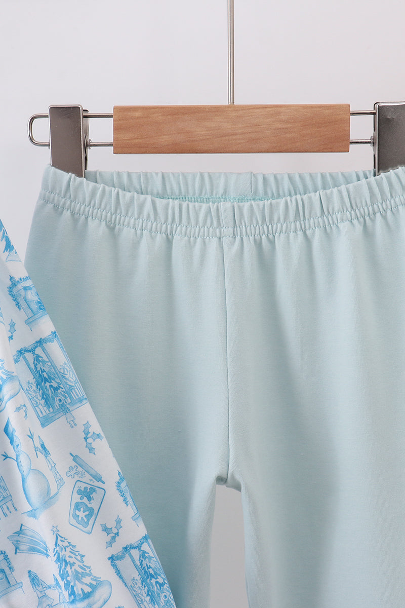 Christmas Tree with Blue Snowmen Ruffled Smocked Pants Set