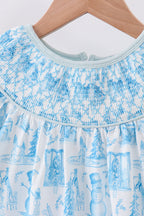 Blue snowman christmas tree smocked ruffle pants set