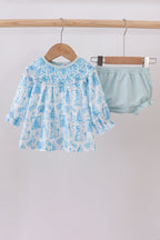 Blue snowman christmas tree smocked bloomer set