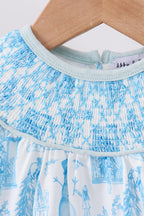 Blue snowman christmas tree smocked bloomer set