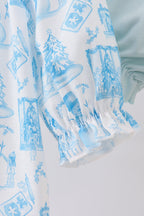 Blue snowman christmas tree smocked bloomer set