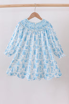 Blue snowman christmas tree smocked dress