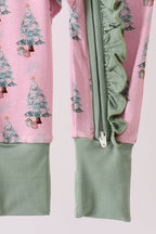 Pink christmas tree bamboo ruffle zipper romper