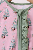 Pink christmas tree bamboo ruffle zipper romper