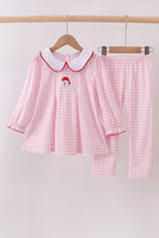 Pink santa claus embroidery gingham pants set