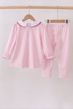 Pink santa claus embroidery gingham pants set