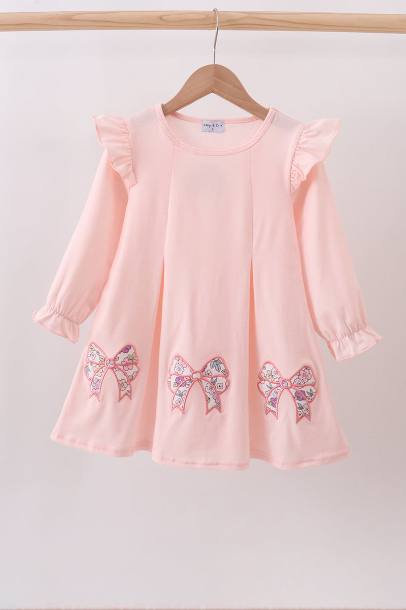 Pink floral bow applique ruffle dress