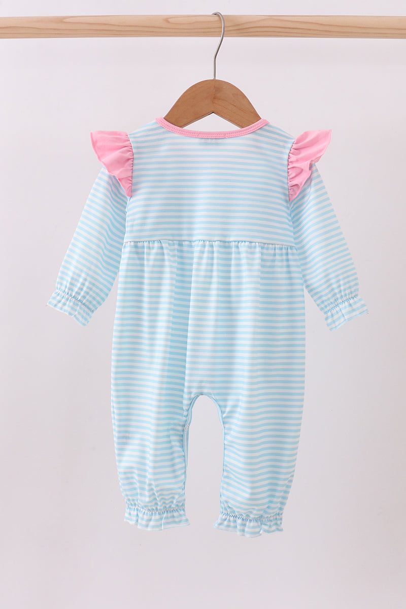Blue bear embroidery ruffle romper