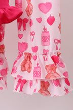 Pink bear embroidery ruffle pants set