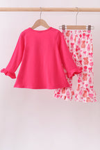 Pink bear embroidery ruffle pants set