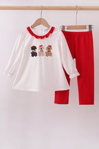 White puppy embroidery ruffle pants set