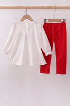 White puppy embroidery ruffle pants set