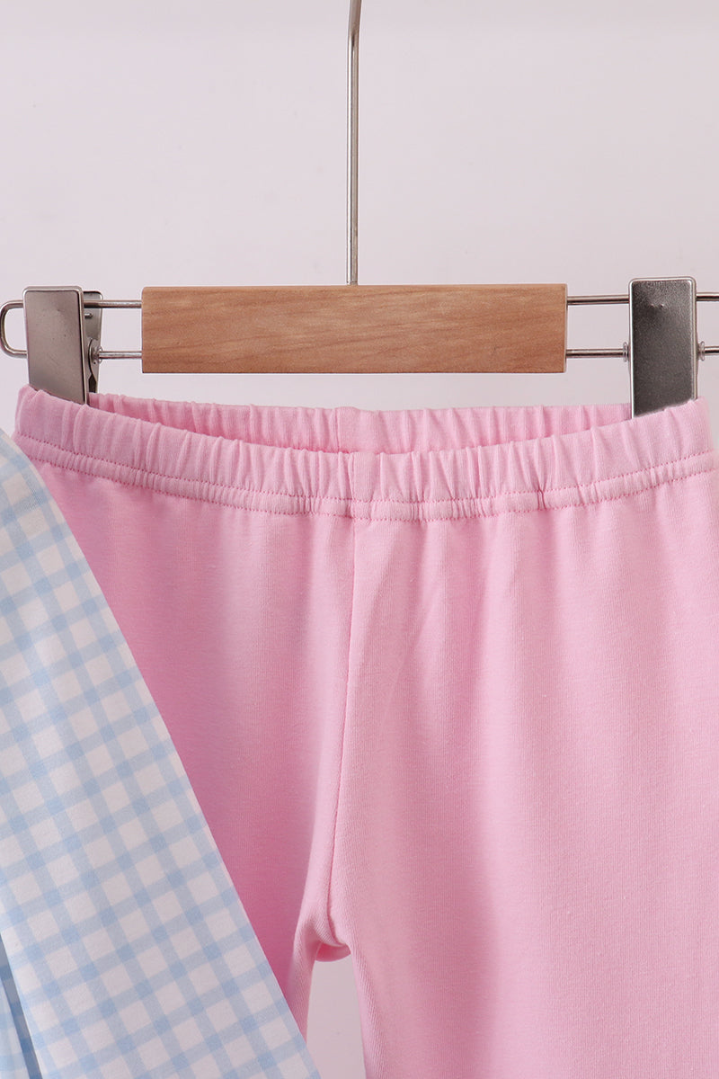 Blue heart embroidery gingham pants set