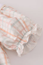 Neutral plaid french knot ruffle shorts set