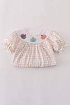 Neutral plaid french knot ruffle shorts set