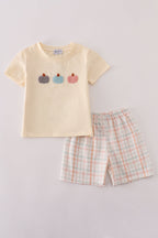 Neutral plaid french knot shorts set