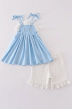 Blue princess embroidery ruffle girl set