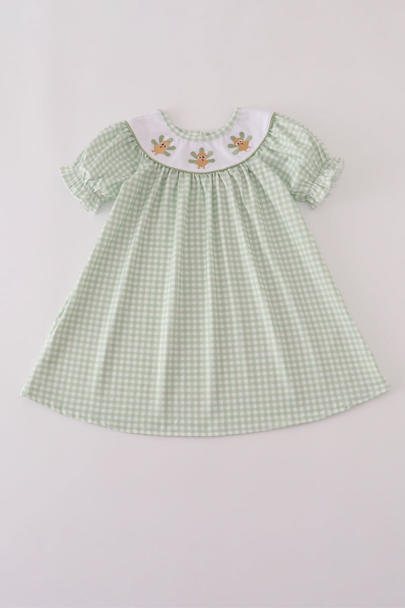 Sage turkey embroidery gingham dress