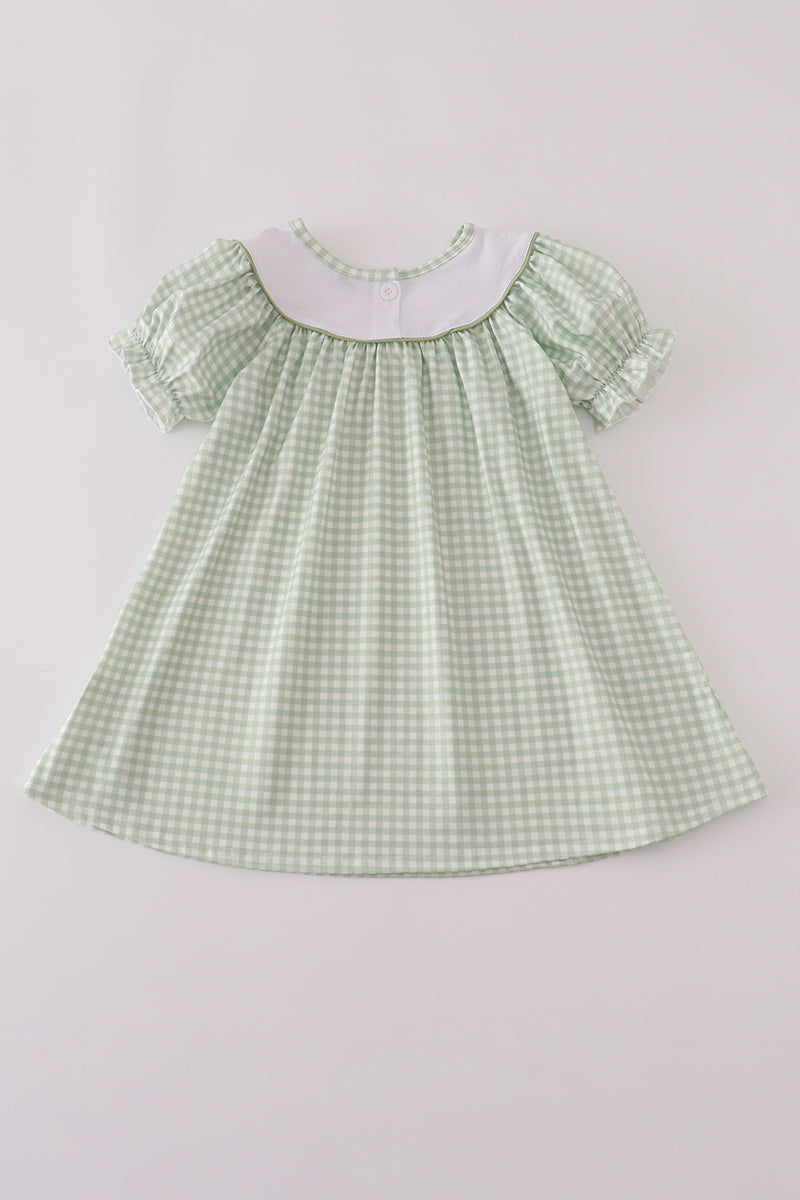 Sage turkey embroidery gingham dress