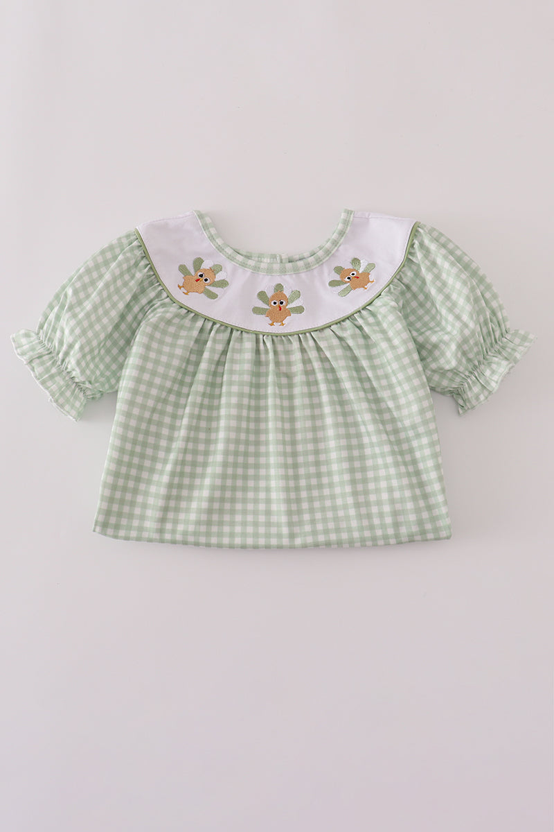 Sage turkey embroidery gingham dress