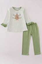 Sage turkey applique stripe pants set