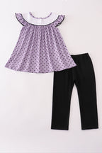 Purple Halloween dot witch embroidery pants set