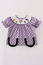 Purple Halloween dot witch embroidery romper