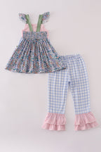 Blue floral pumpkin embroidery ruffle pants set