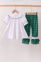 White wreath smocked ruffle pants set