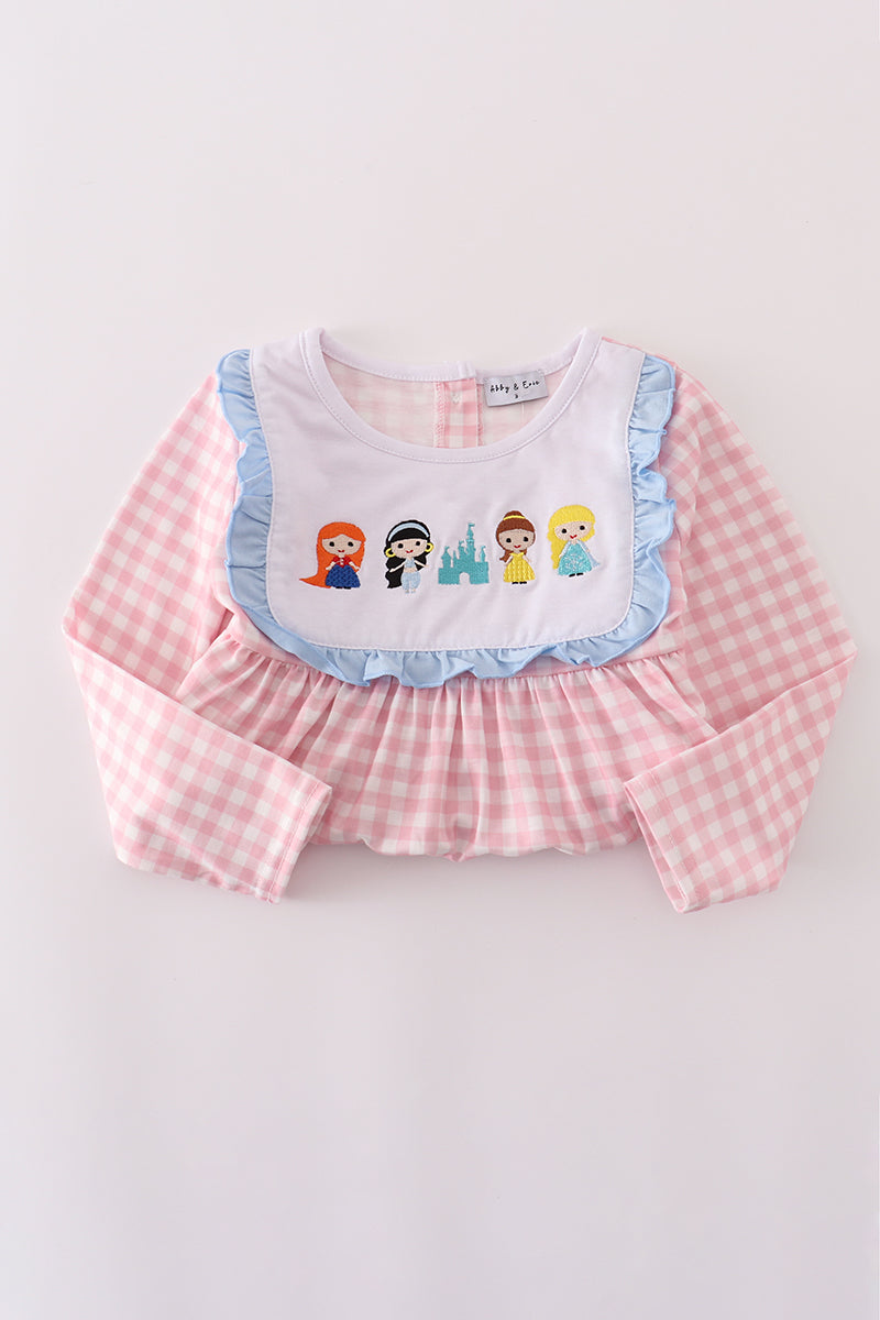 Pink princess castle embroidery gingham ruffle pants set