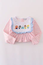 Pink princess castle embroidery gingham ruffle pants set
