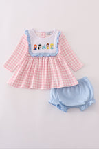 Pink princess castle embroidery gingham bloomer set