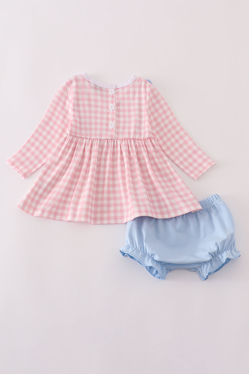 Pink princess castle embroidery gingham bloomer set