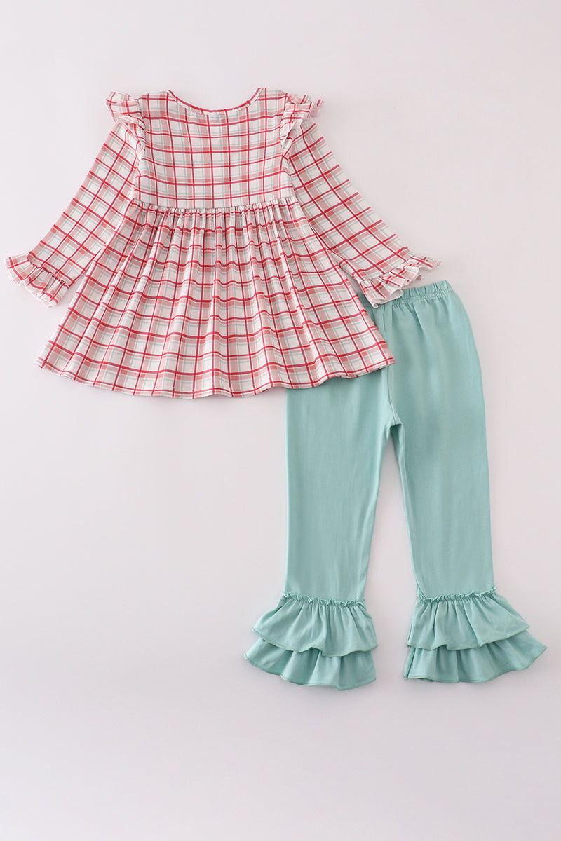Red plaid farm embroidery ruffle pants set