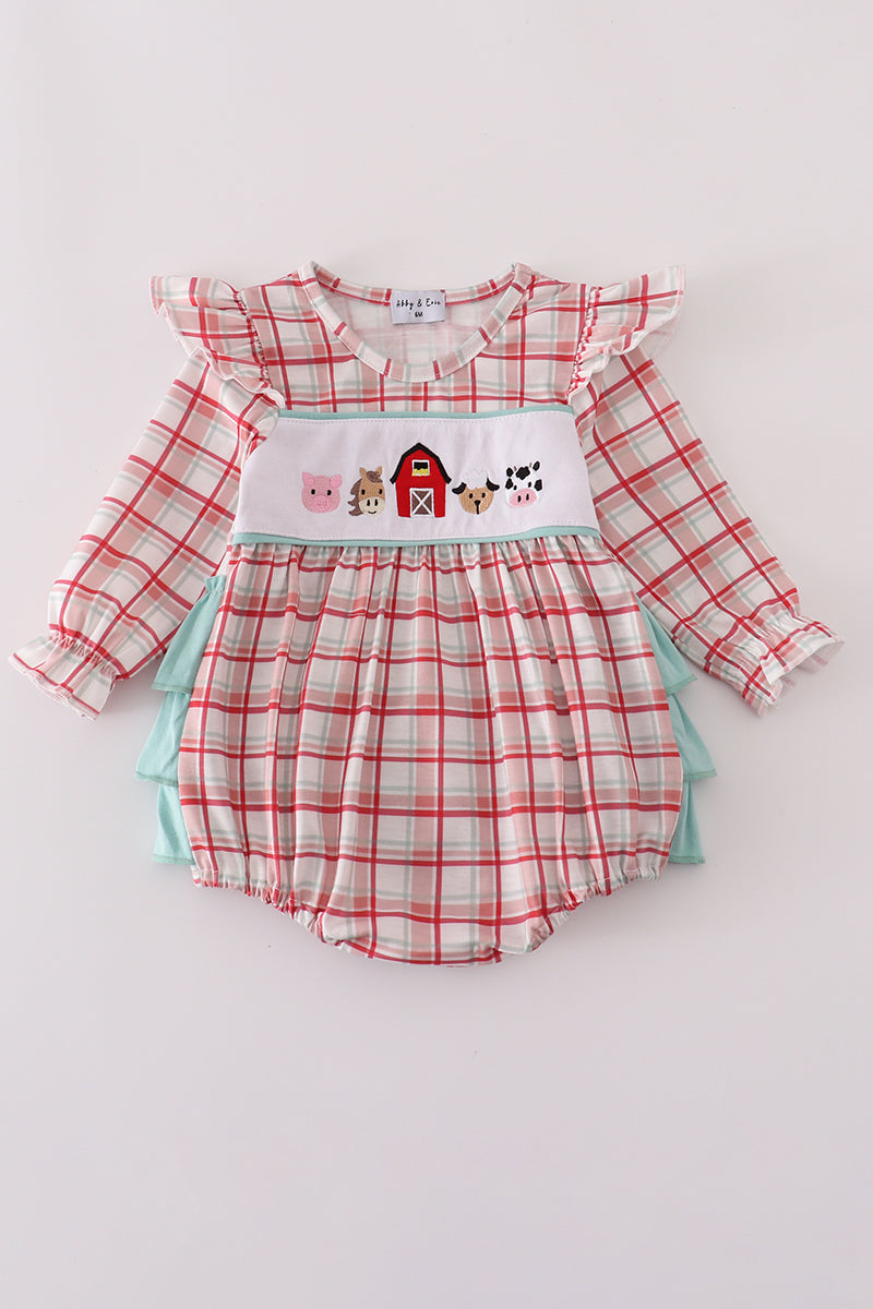 Red plaid farm embroidery ruffle bubble