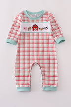 Red plaid farm embroidery romper