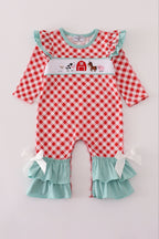 Red farm smocked ruffle romper
