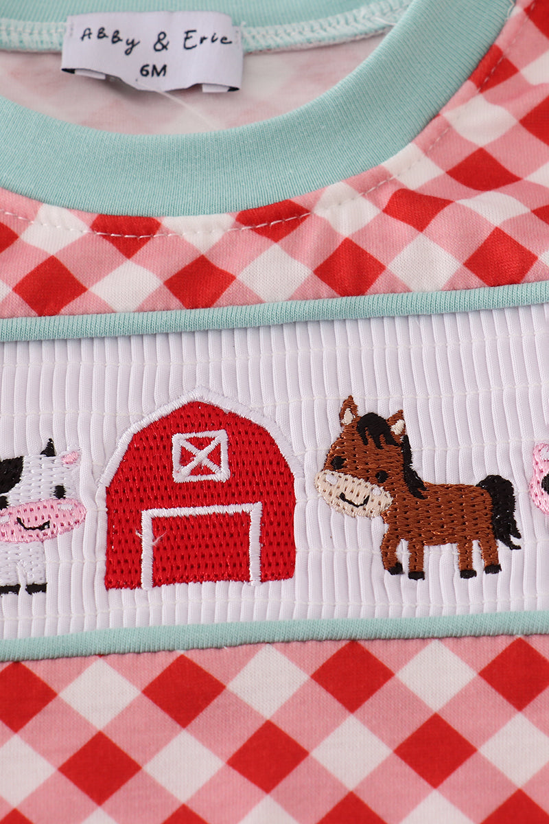 Red farm smocked romper