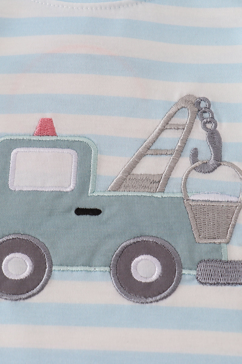 Blue crane applique stripe romper