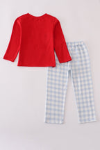 Red farm embroidery plaid pants set