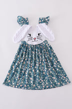Green floral bunny applique dress
