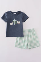 Navy sheep cross embroidery boy set