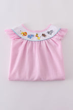 Pink seersucker animal embroidery dress