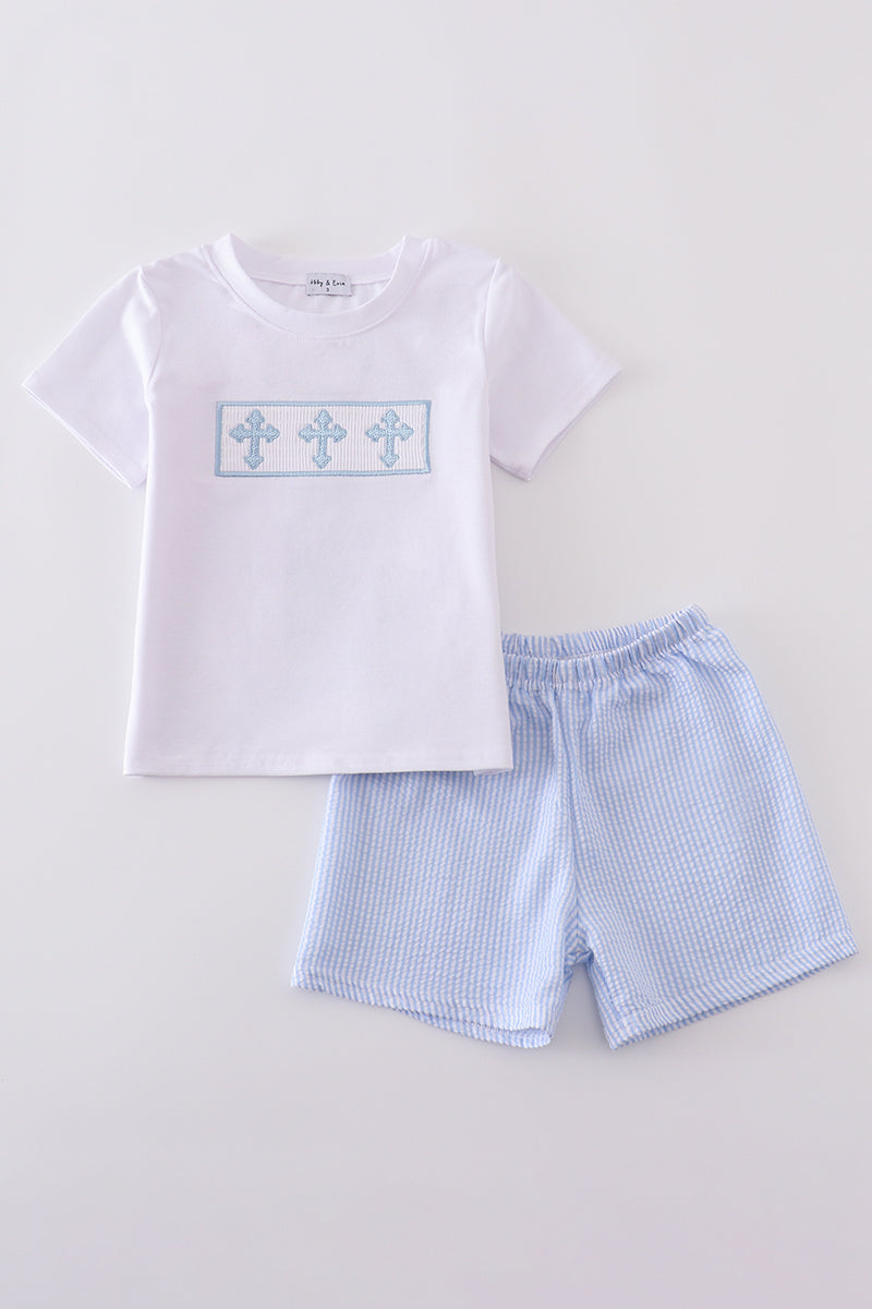 Blue cross embroider smocked set