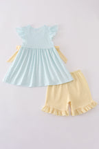Blue bunny embroidery smocked set